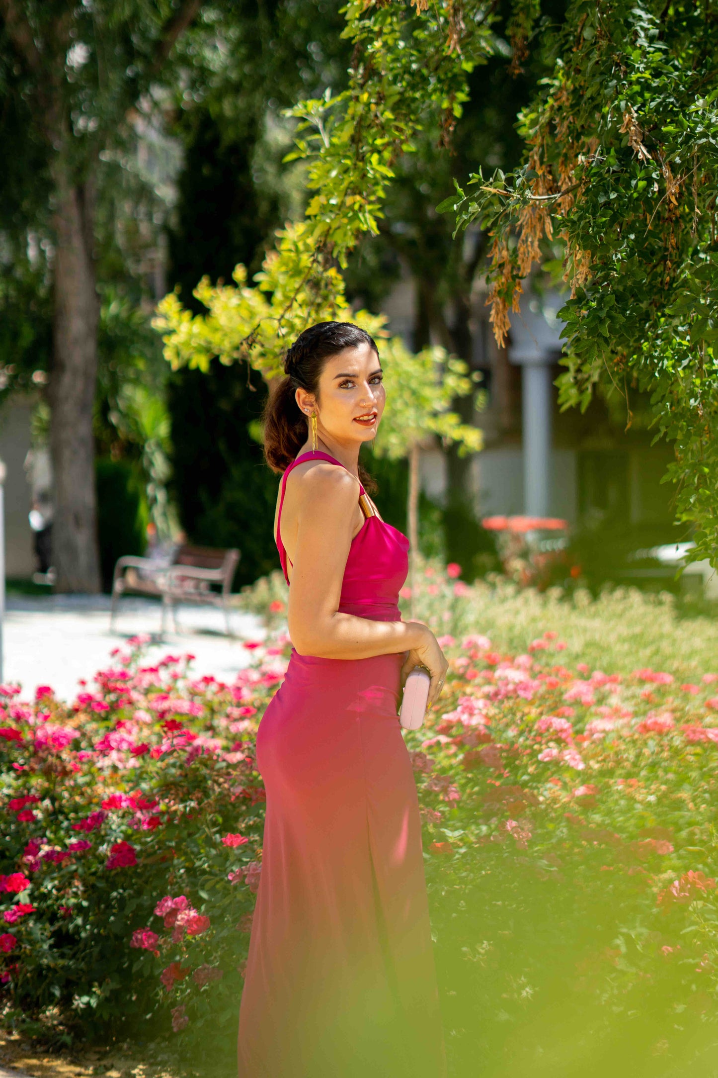 Vestido drapeado fucsia